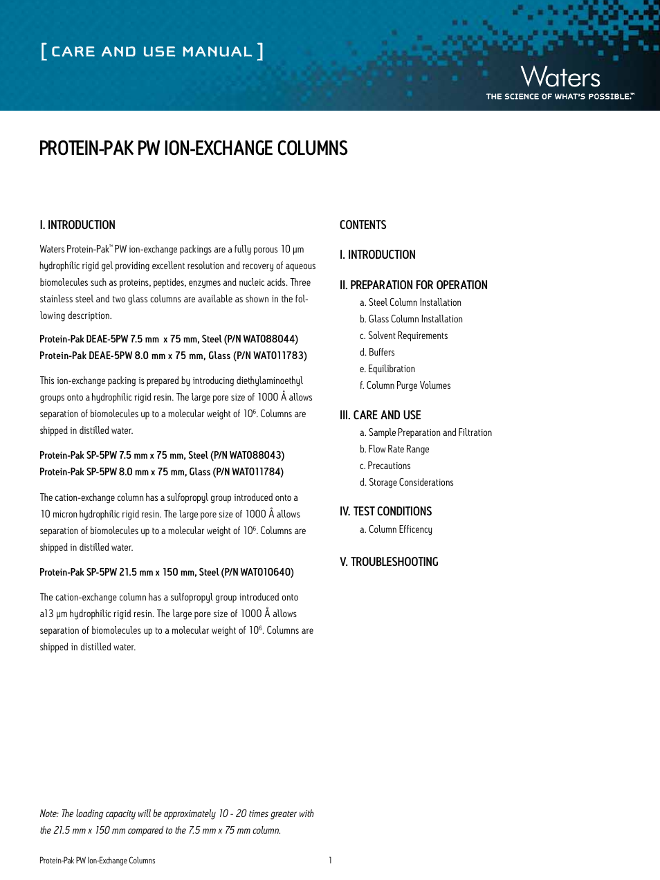 Waters Protein-Pak PW Ion-Exchange Column User Manual | 5 pages