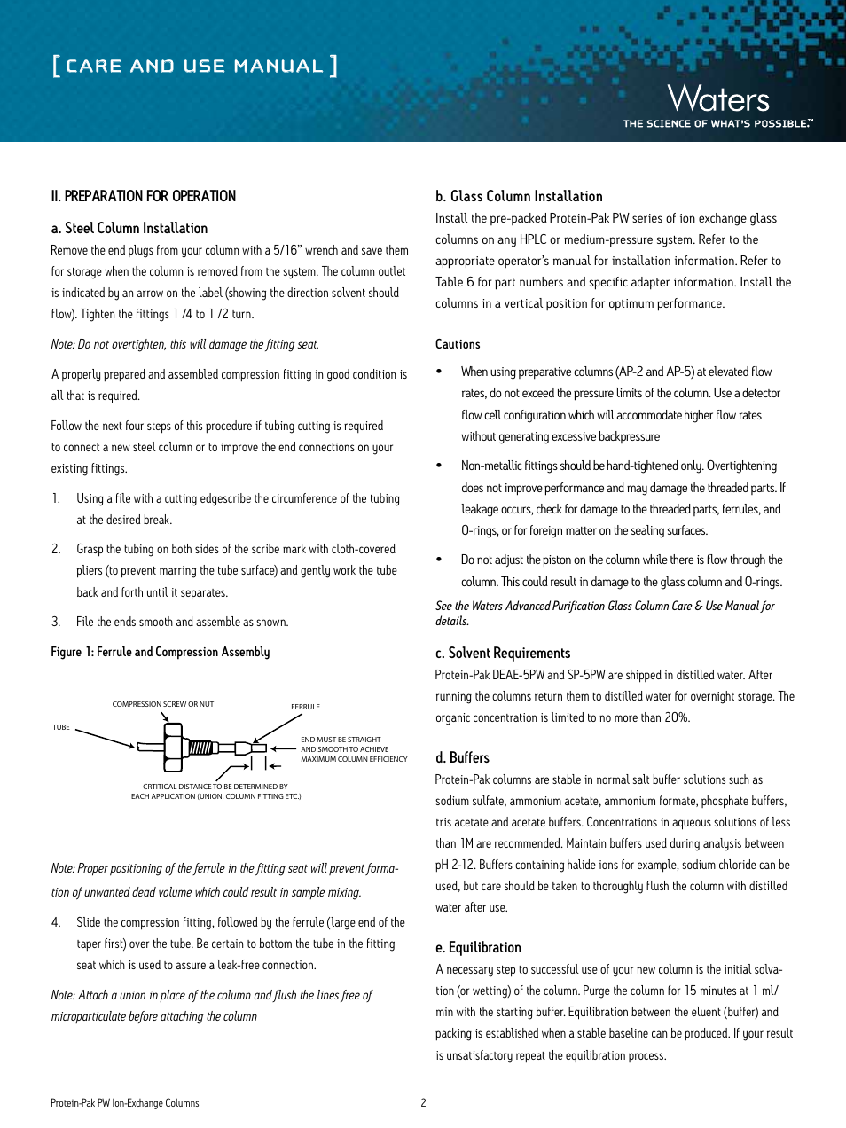 Care and use manual | Waters Protein-Pak PW Ion-Exchange Column User Manual | Page 2 / 5