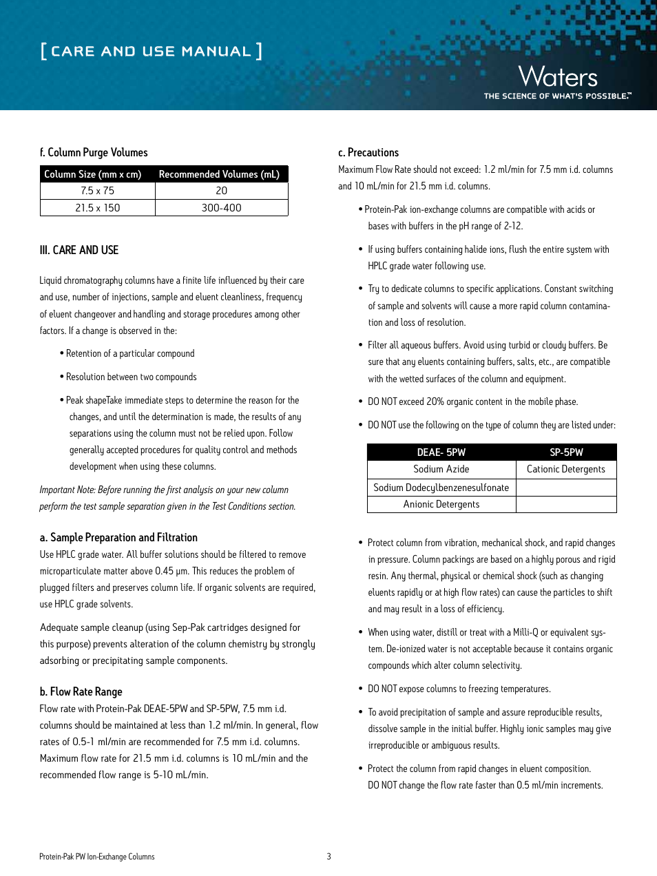 Care and use manual | Waters Protein-Pak PW Ion-Exchange Column User Manual | Page 3 / 5