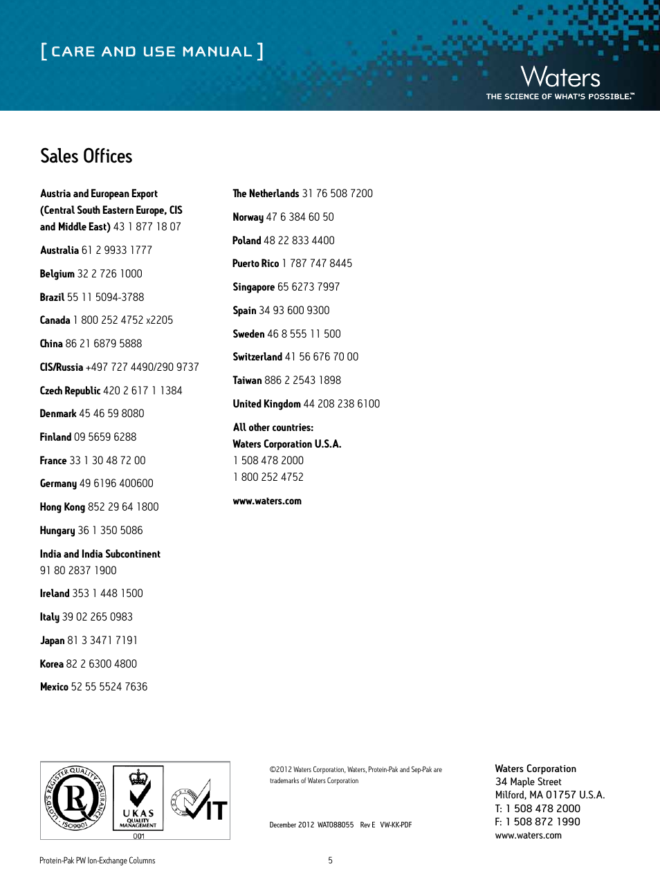 Care and use manual, Sales offices | Waters Protein-Pak PW Ion-Exchange Column User Manual | Page 5 / 5