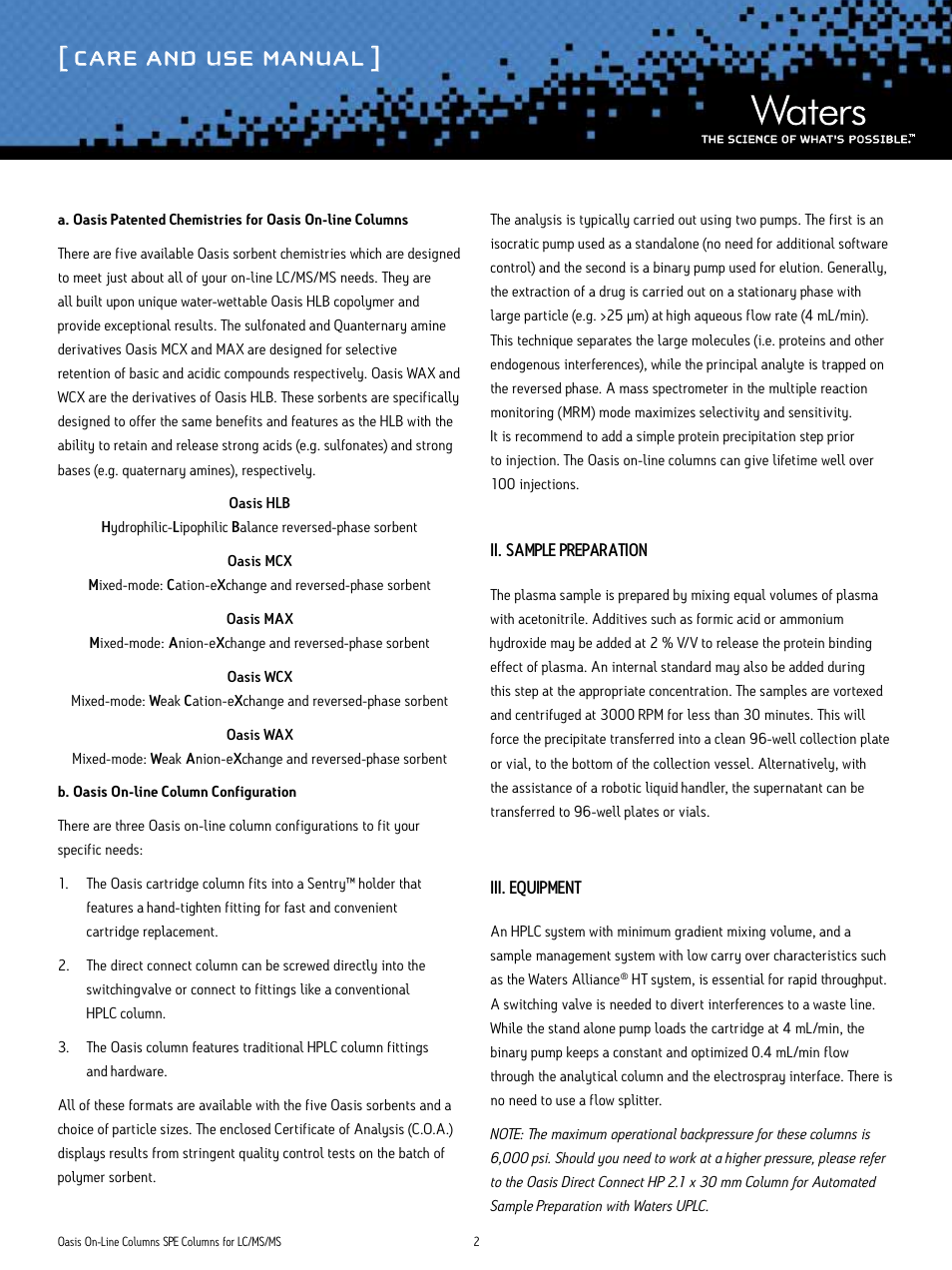 Care and use manual | Waters Oasis On-Line Columns SPE Columns For LC/MS/MS User Manual | Page 2 / 4
