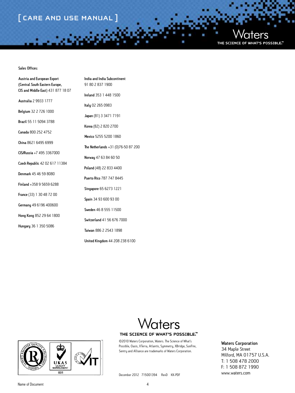 Care and use manual | Waters Oasis On-Line Columns SPE Columns For LC/MS/MS User Manual | Page 4 / 4