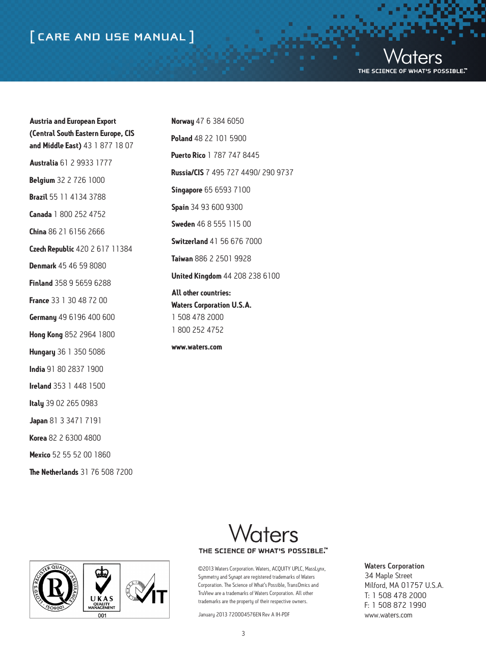 Care and use manual | Waters System Evaluation Matrix 1 User Manual | Page 3 / 3