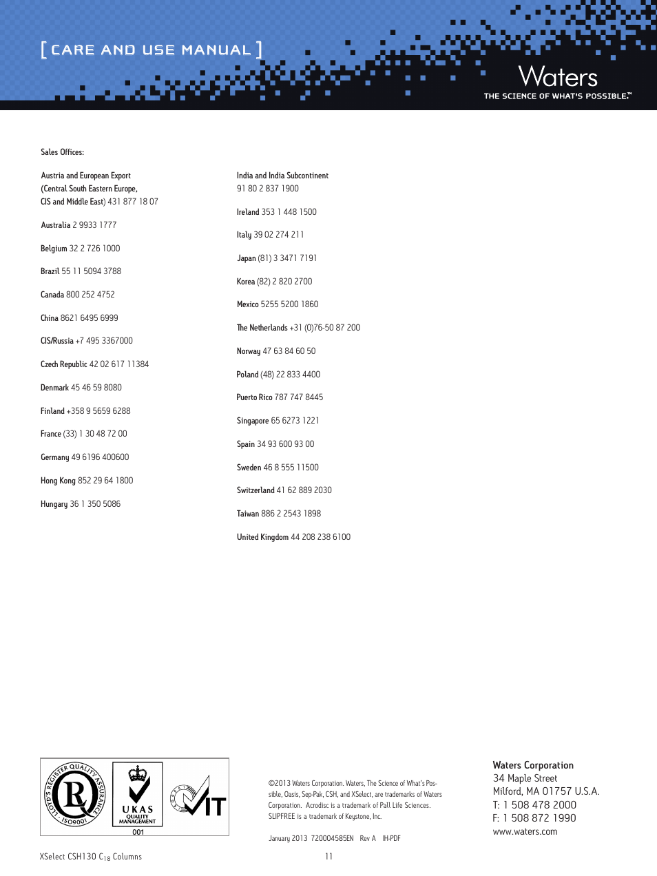 Care and use manual | Waters XSelect CSH130 C18 3.5 μm and 5 μm Columns User Manual | Page 11 / 11