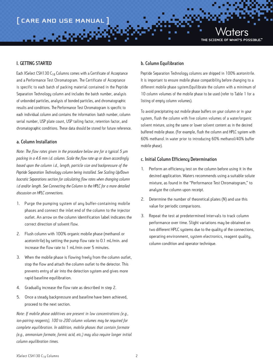 Care and use manual | Waters XSelect CSH130 C18 3.5 μm and 5 μm Columns User Manual | Page 2 / 11