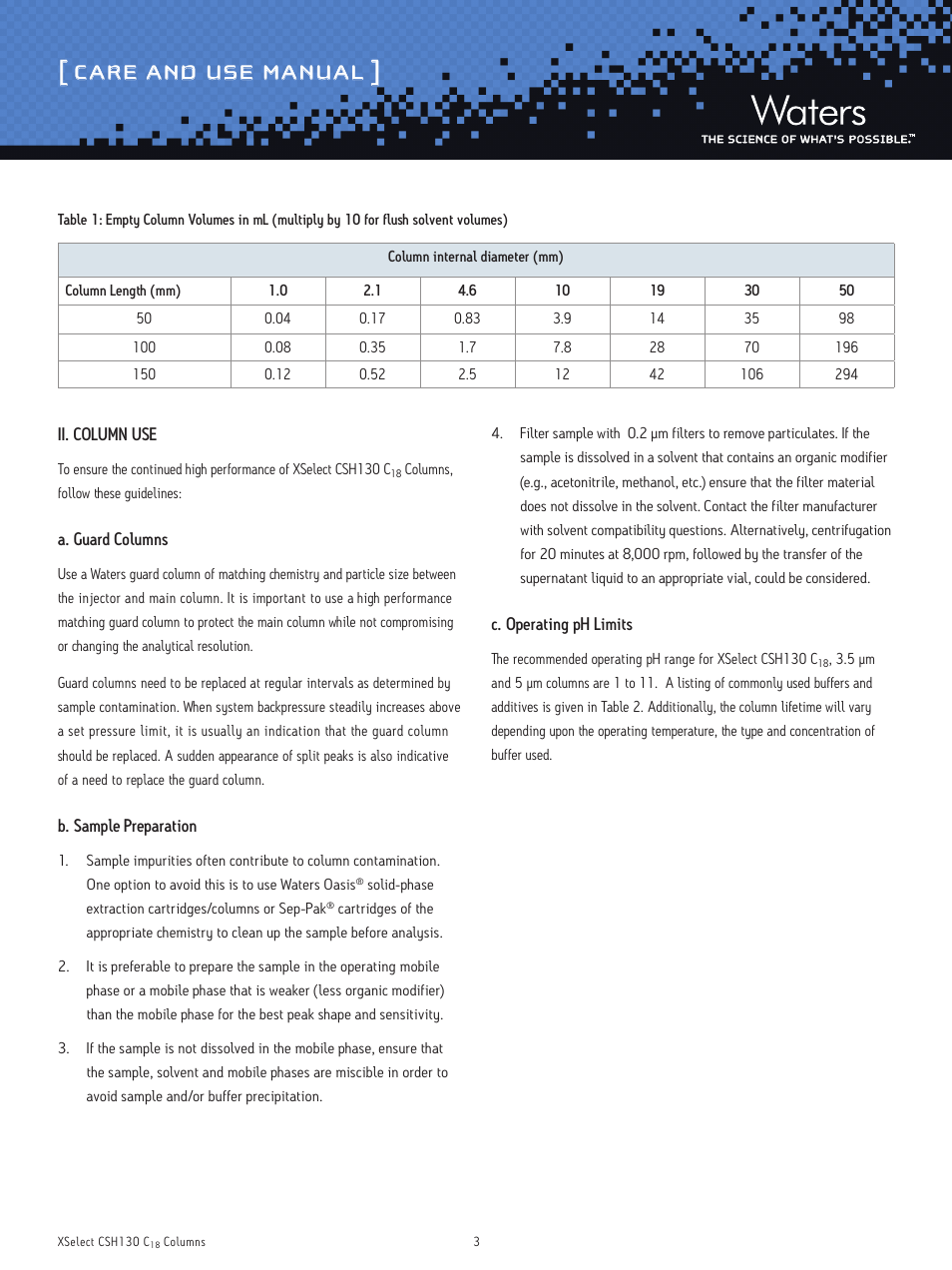 Care and use manual | Waters XSelect CSH130 C18 3.5 μm and 5 μm Columns User Manual | Page 3 / 11