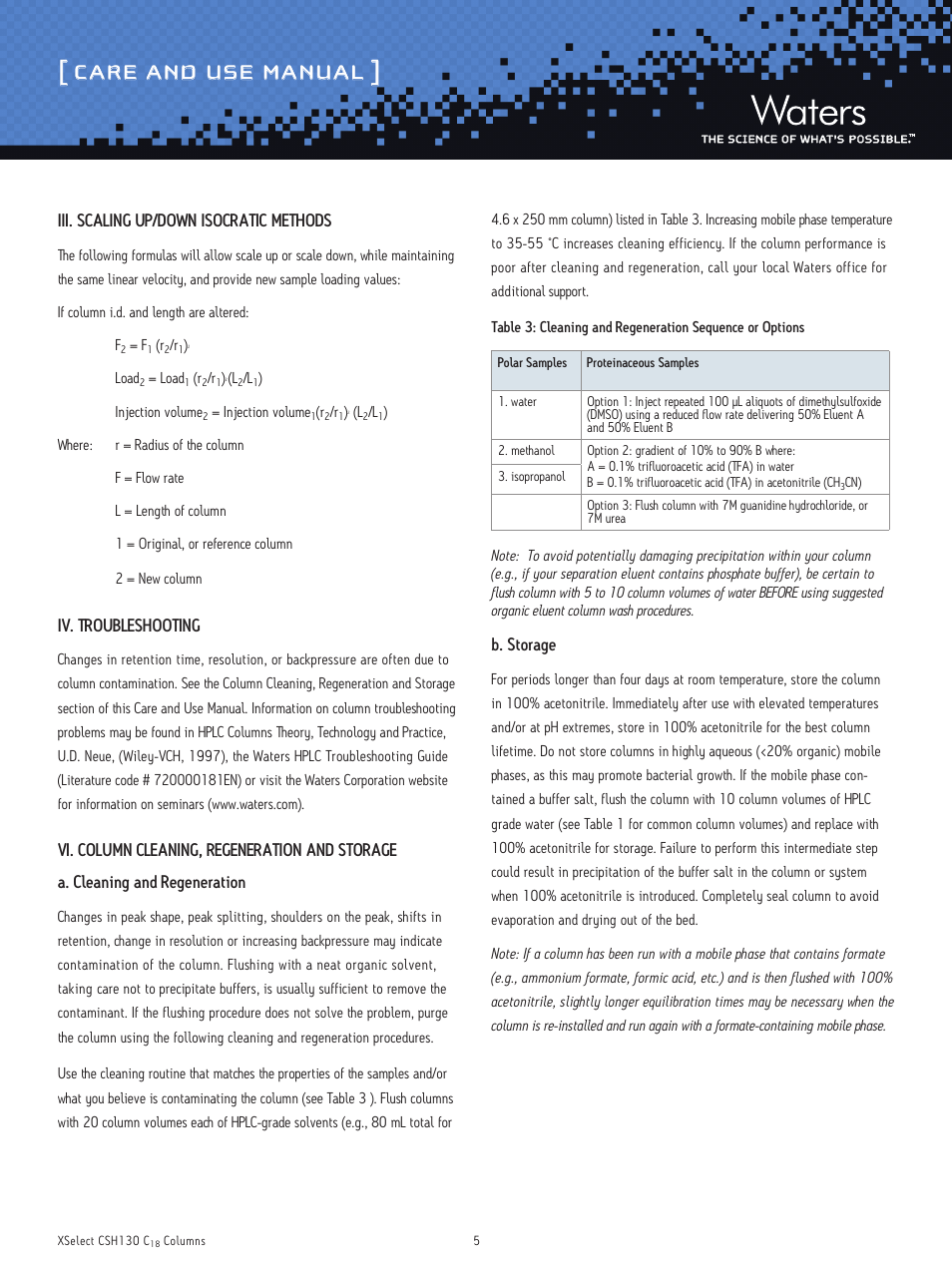 Care and use manual, Iii. scaling up/down isocratic methods, Iv. troubleshooting | Vi. column cleaning, regeneration and storage, A. cleaning and regeneration, B. storage | Waters XSelect CSH130 C18 3.5 μm and 5 μm Columns User Manual | Page 5 / 11