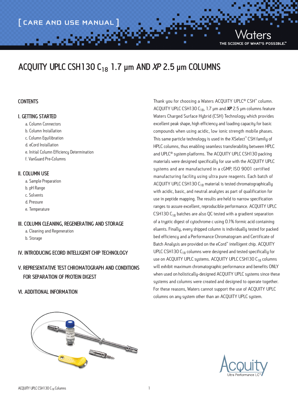 Waters ACQUITY UPLC CSH130 C18 1.7 μm and XP 2.5 μm Columns User Manual | 9 pages