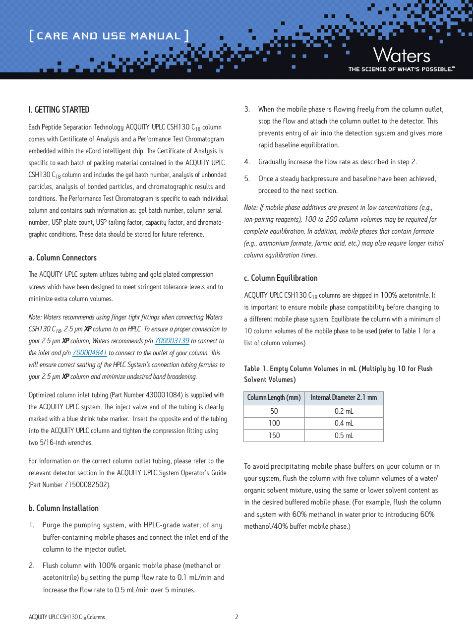 Care and use manual | Waters ACQUITY UPLC CSH130 C18 1.7 μm and XP 2.5 μm Columns User Manual | Page 2 / 9
