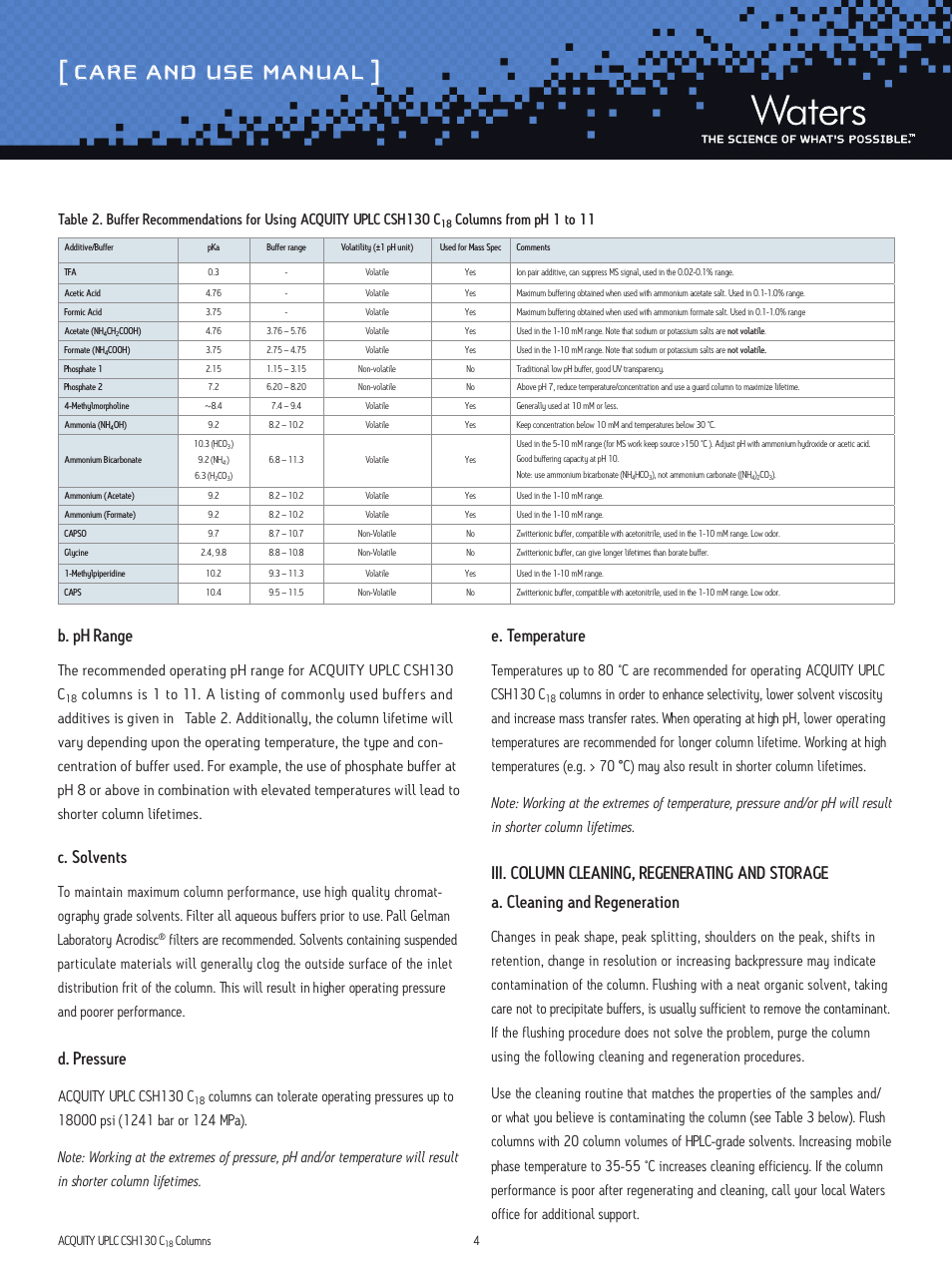 Care and use manual, B. ph range, C. solvents | D. pressure, E. temperature, Iii. column cleaning, regenerating and storage, A. cleaning and regeneration, Acquity uplc csh130 c, Columns from ph 1 to 11 | Waters ACQUITY UPLC CSH130 C18 1.7 μm and XP 2.5 μm Columns User Manual | Page 4 / 9