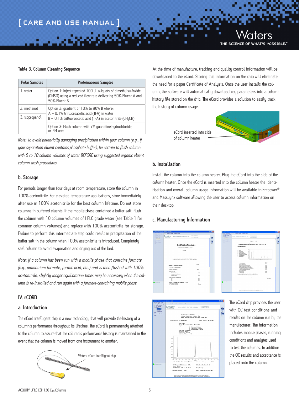 Care and use manual | Waters ACQUITY UPLC CSH130 C18 1.7 μm and XP 2.5 μm Columns User Manual | Page 5 / 9