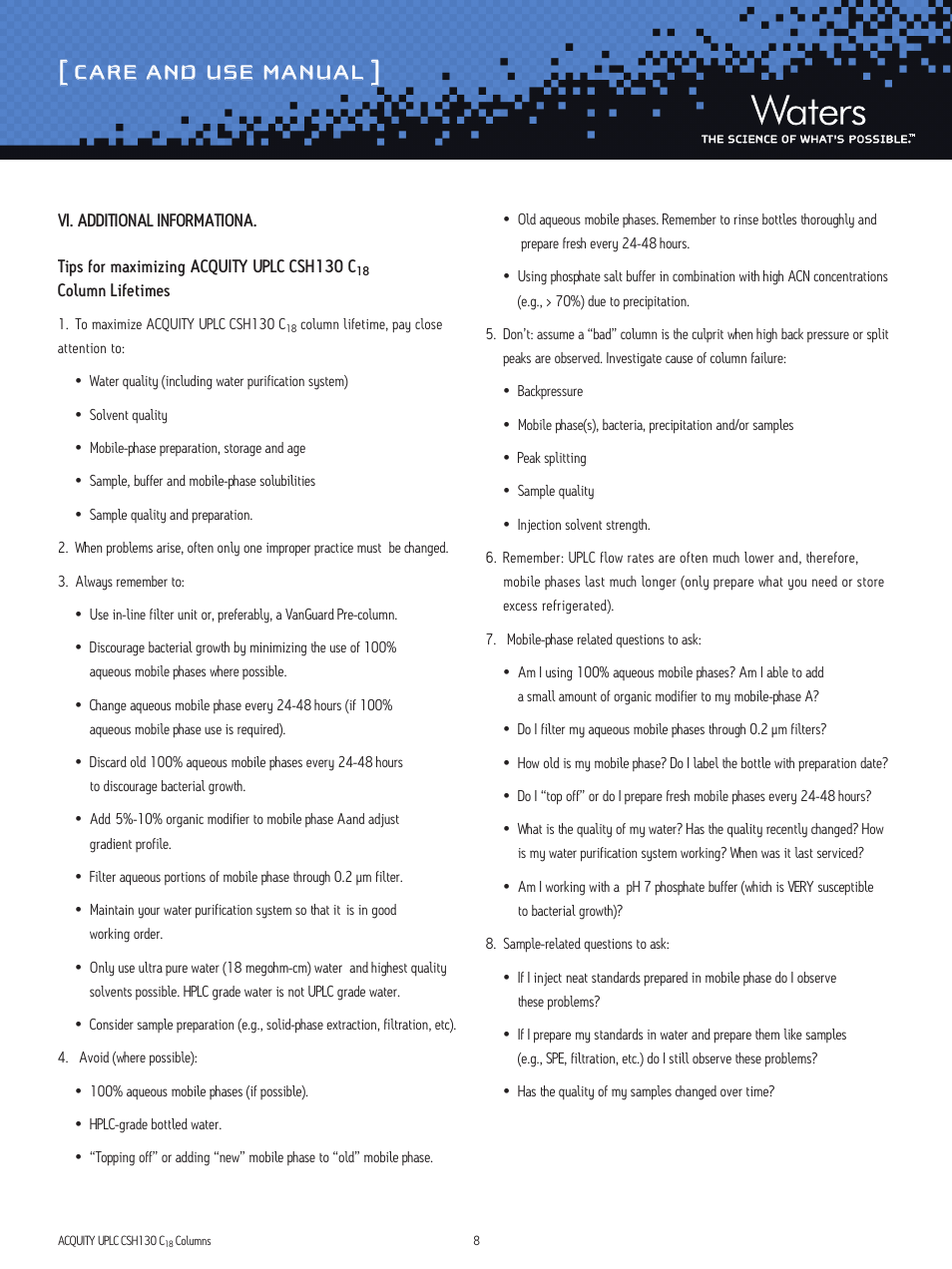 Care and use manual | Waters ACQUITY UPLC CSH130 C18 1.7 μm and XP 2.5 μm Columns User Manual | Page 8 / 9