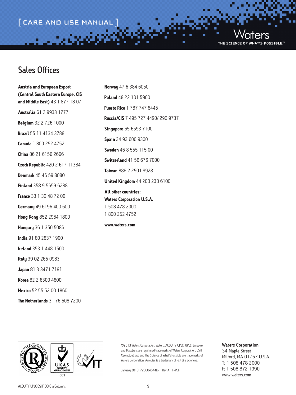 Care and use manual, Sales offices | Waters ACQUITY UPLC CSH130 C18 1.7 μm and XP 2.5 μm Columns User Manual | Page 9 / 9