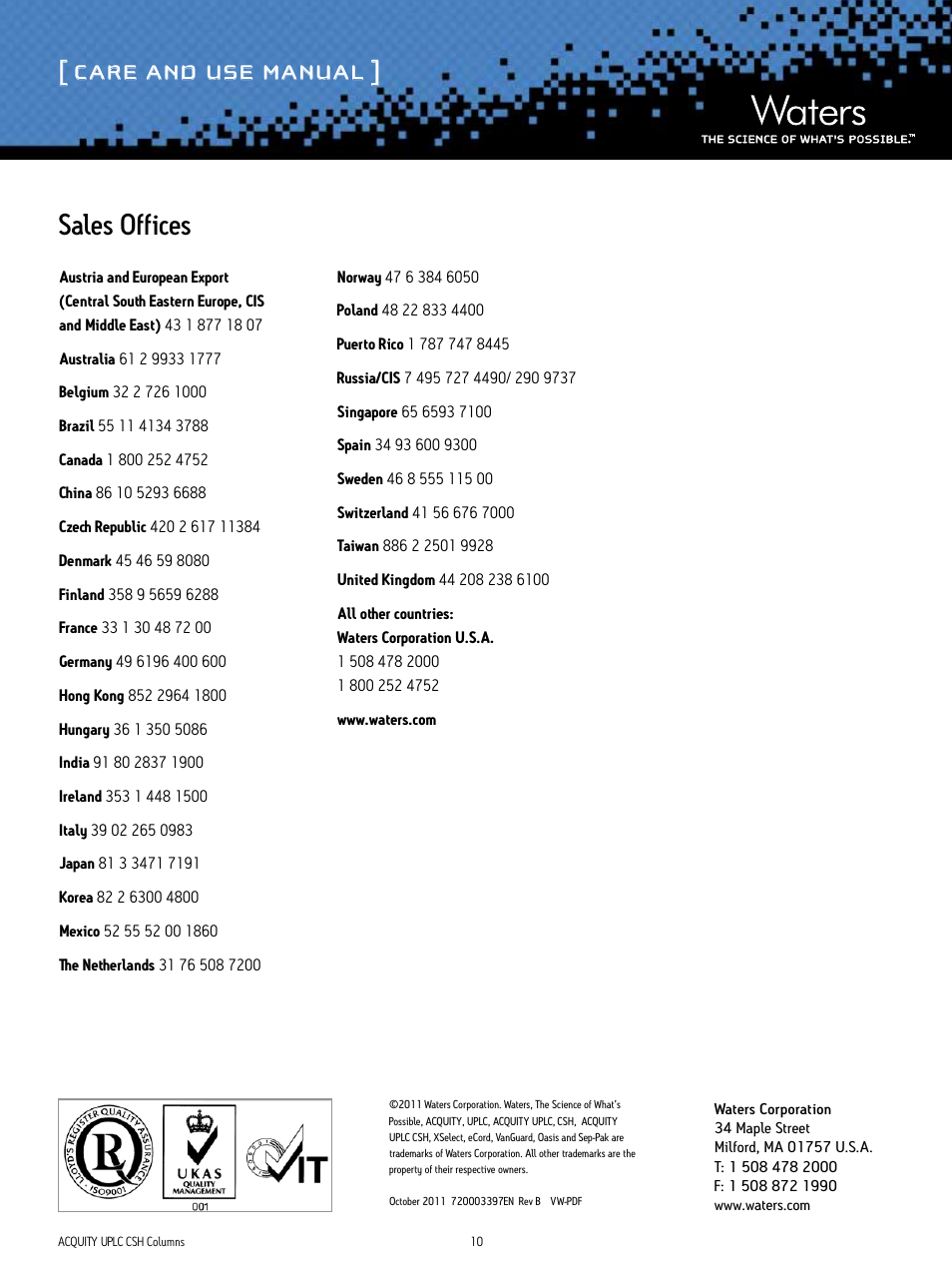 Care and use manual, Sales offices | Waters ACQUITY UPLC CSH Columns User Manual | Page 10 / 10