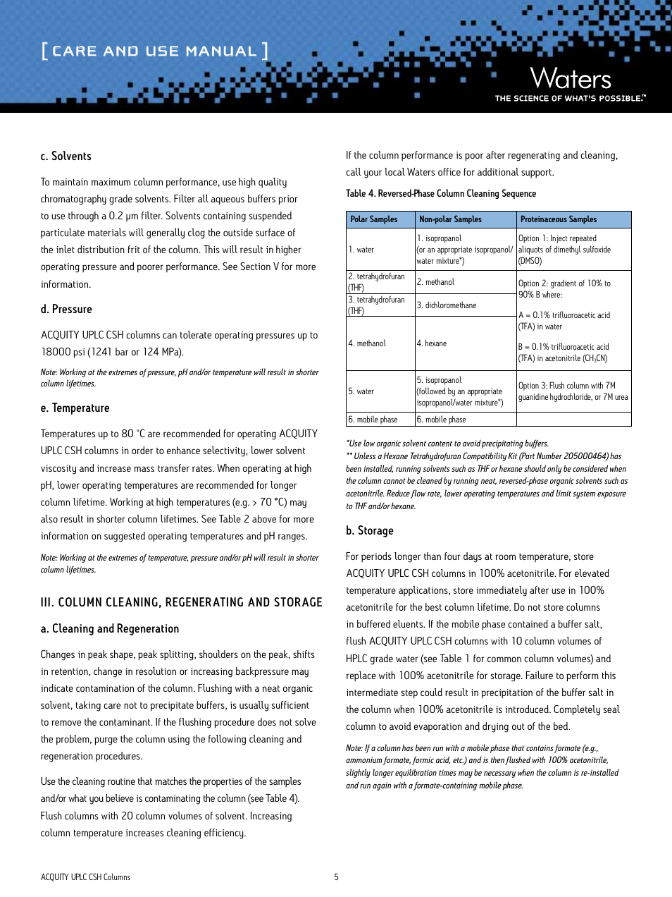 Care and use manual, C. solvents, D. pressure | E. temperature, B. storage | Waters ACQUITY UPLC CSH Columns User Manual | Page 5 / 10