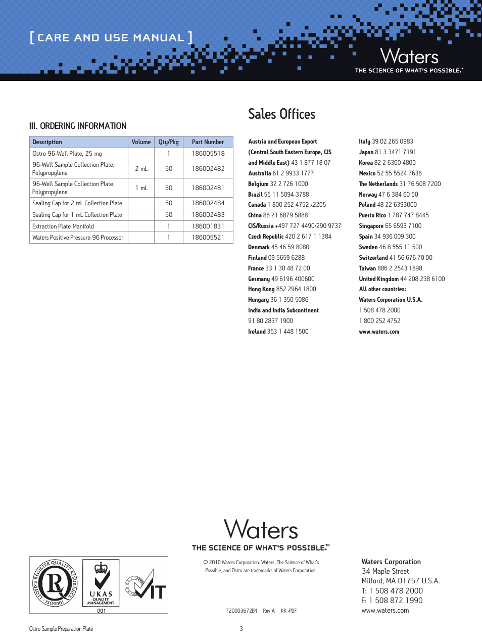 Care and use manual, Sales offices, Iii. ordering information | Waters Ostro Sample Preparation Products User Manual | Page 3 / 3