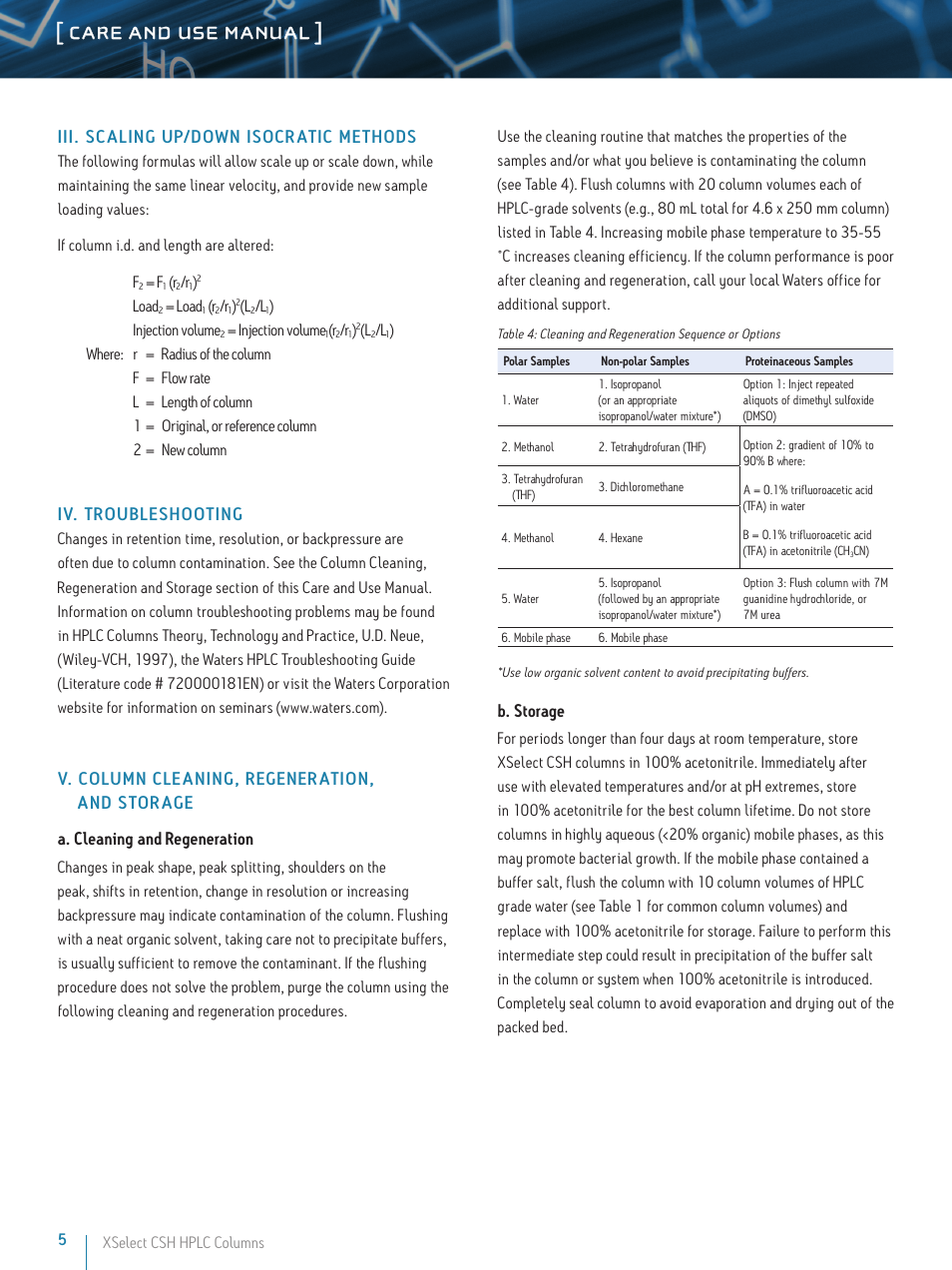 Care and use manual, Iii. scaling up/down isoc ratic met hods, Iv. t roubleshooting | B. storage | Waters XSelect CSH HPLC Columns User Manual | Page 5 / 9