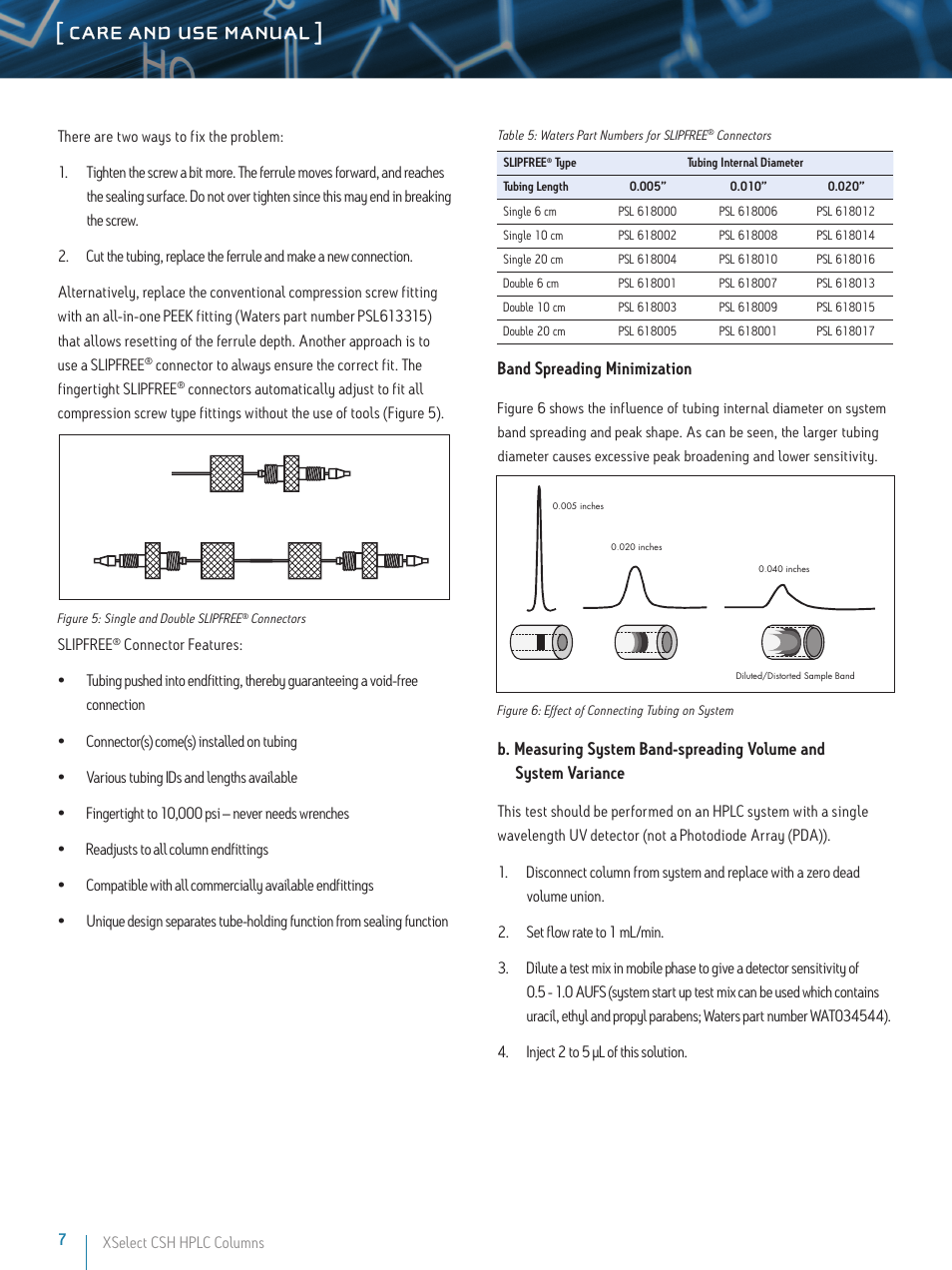 Care and use manual, Band spreading minimization | Waters XSelect CSH HPLC Columns User Manual | Page 7 / 9