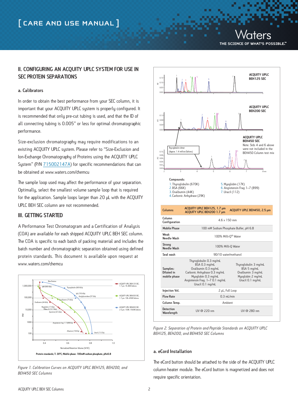 Care and use manual, Iii. getting started | Waters ACQUITY UPLC SEC Columns and Standards User Manual | Page 2 / 9