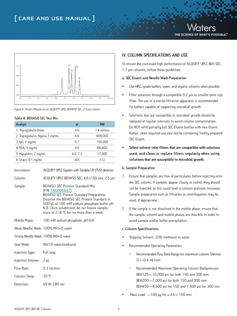 Care and use manual | Waters ACQUITY UPLC SEC Columns and Standards User Manual | Page 5 / 9