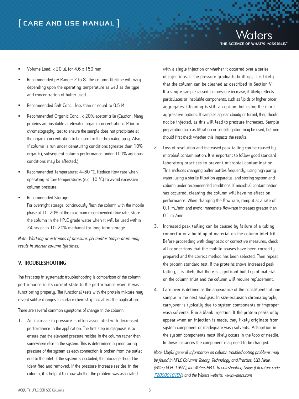 Care and use manual | Waters ACQUITY UPLC SEC Columns and Standards User Manual | Page 6 / 9