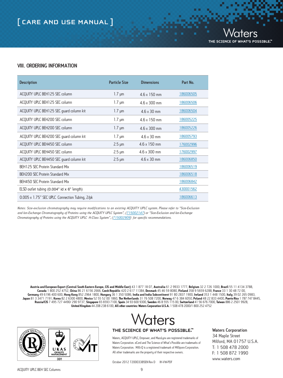 Care and use manual | Waters ACQUITY UPLC SEC Columns and Standards User Manual | Page 9 / 9