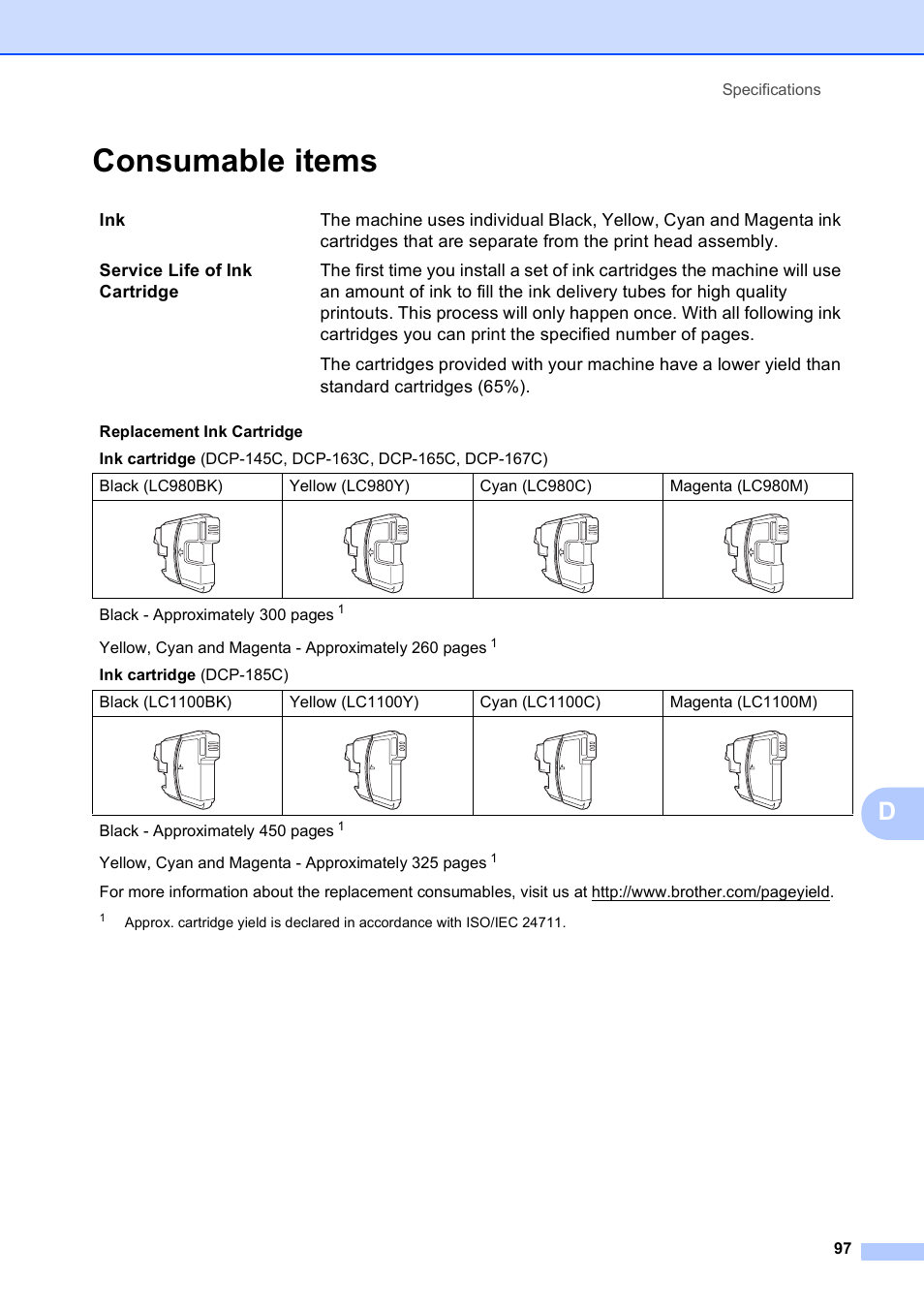 Consumable items | Brother DCP-165C User Manual | Page 105 / 111