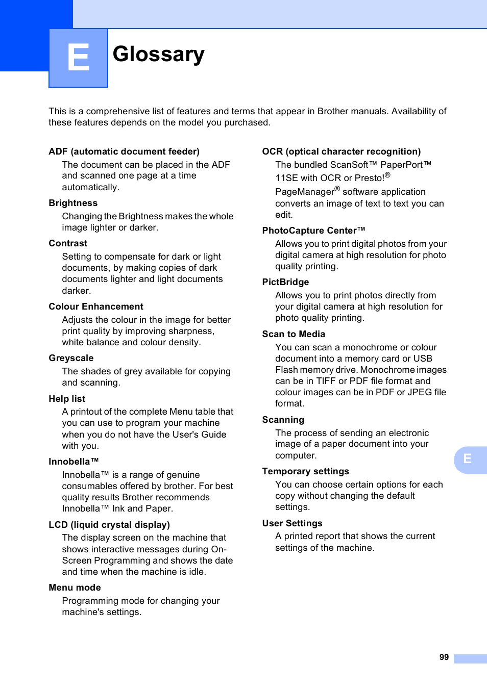 E glossary, Glossary | Brother DCP-165C User Manual | Page 107 / 111