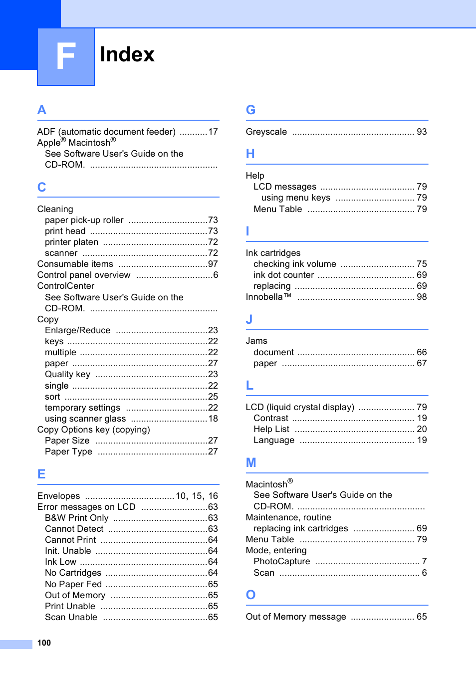 Index | Brother DCP-165C User Manual | Page 108 / 111