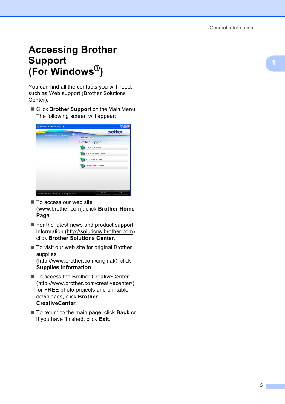 Accessing brother support (for windows®), Accessing brother support (for windows | Brother DCP-165C User Manual | Page 13 / 111