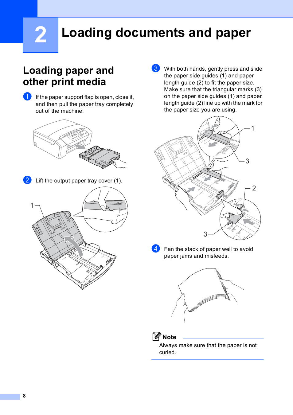 2 loading documents and paper, Loading paper and other print media, Loading documents and paper | Brother DCP-165C User Manual | Page 16 / 111