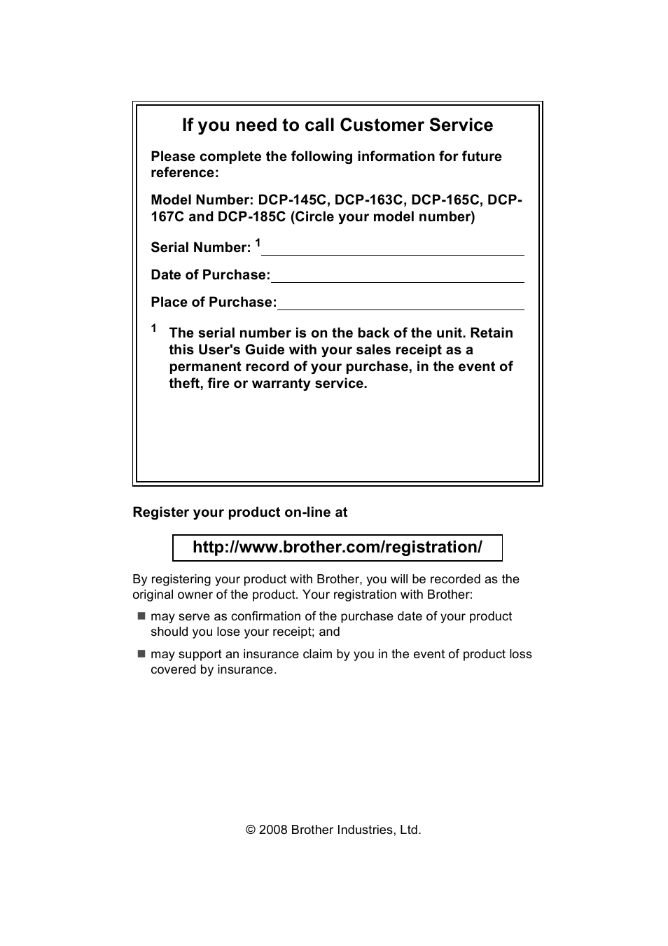 If you need to call customer service | Brother DCP-165C User Manual | Page 2 / 111