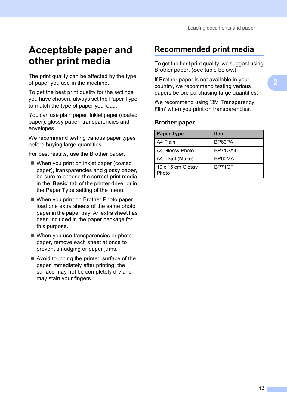 Acceptable paper and other print media, Recommended print media | Brother DCP-165C User Manual | Page 21 / 111