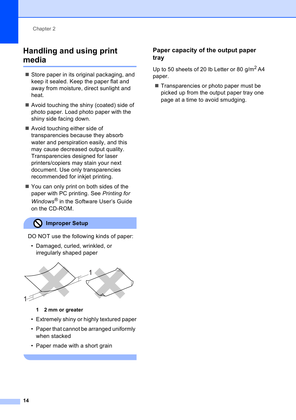 Handling and using print media, Paper capacity of the output paper tray | Brother DCP-165C User Manual | Page 22 / 111