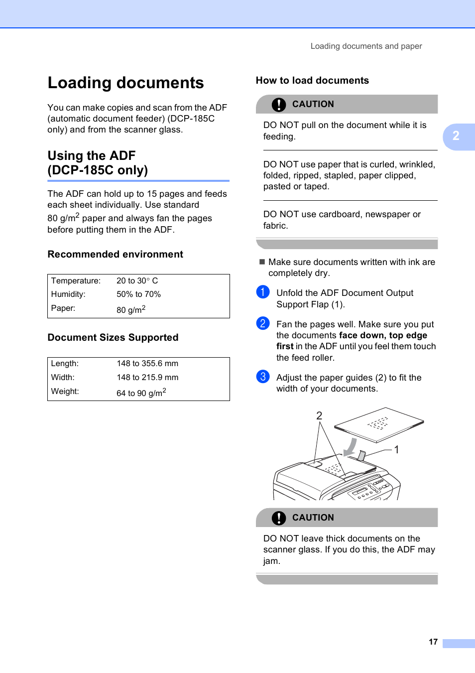 Loading documents, Using the adf (dcp-185c only), Recommended environment | Document sizes supported, How to load documents | Brother DCP-165C User Manual | Page 25 / 111