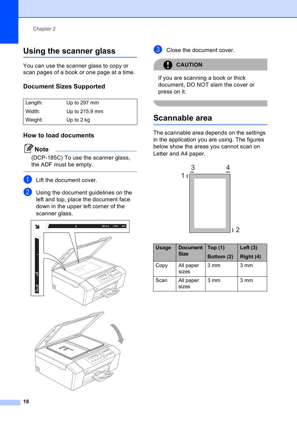 Using the scanner glass, Document sizes supported, How to load documents | Scannable area, Using the scanner glass scannable area | Brother DCP-165C User Manual | Page 26 / 111