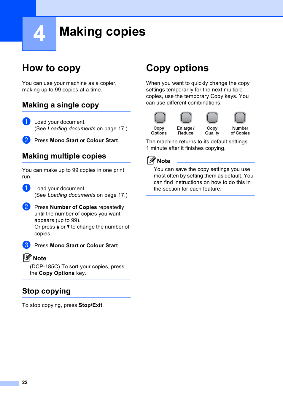 4 making copies, How to copy, Making a single copy | Making multiple copies, Stop copying, Copy options, Making copies | Brother DCP-165C User Manual | Page 30 / 111