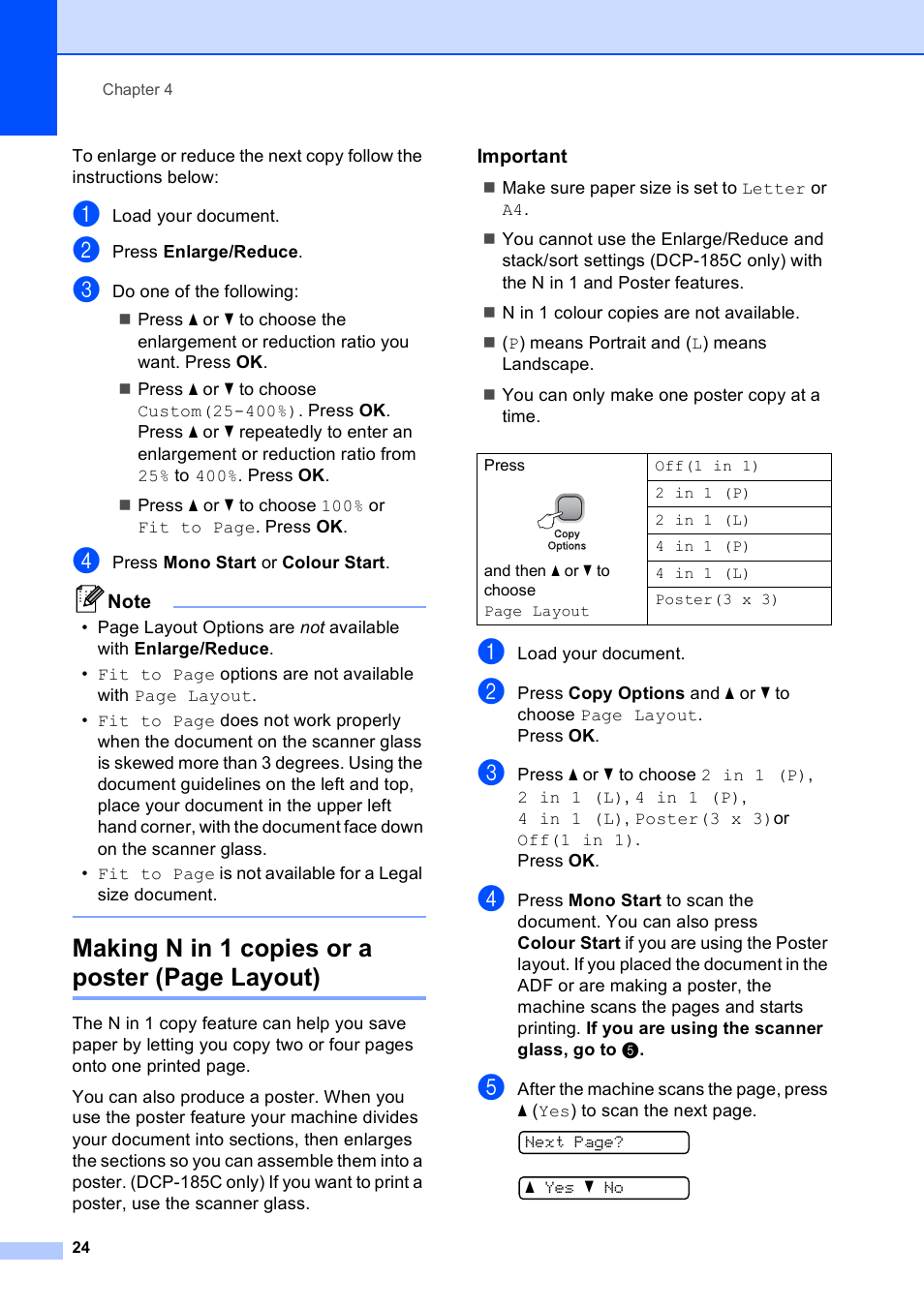 Important, Making n in 1 copies or a poster (page layout) | Brother DCP-165C User Manual | Page 32 / 111