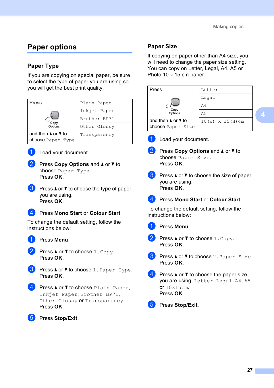 Paper options, Paper type, Paper size | 4paper options | Brother DCP-165C User Manual | Page 35 / 111