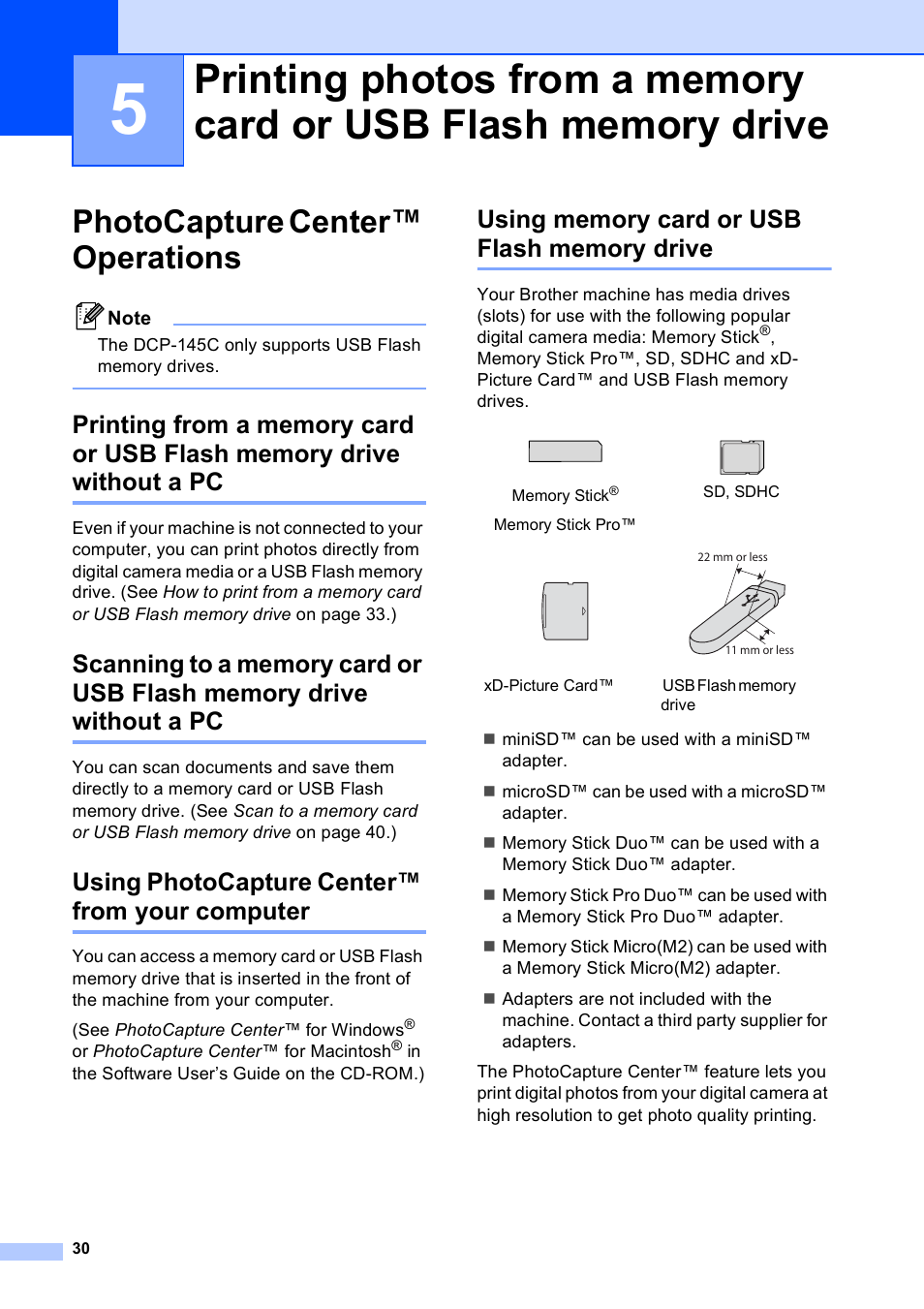 Photocapture center™ operations, Using photocapture center™ from your computer, Using memory card or usb flash memory drive | Brother DCP-165C User Manual | Page 38 / 111