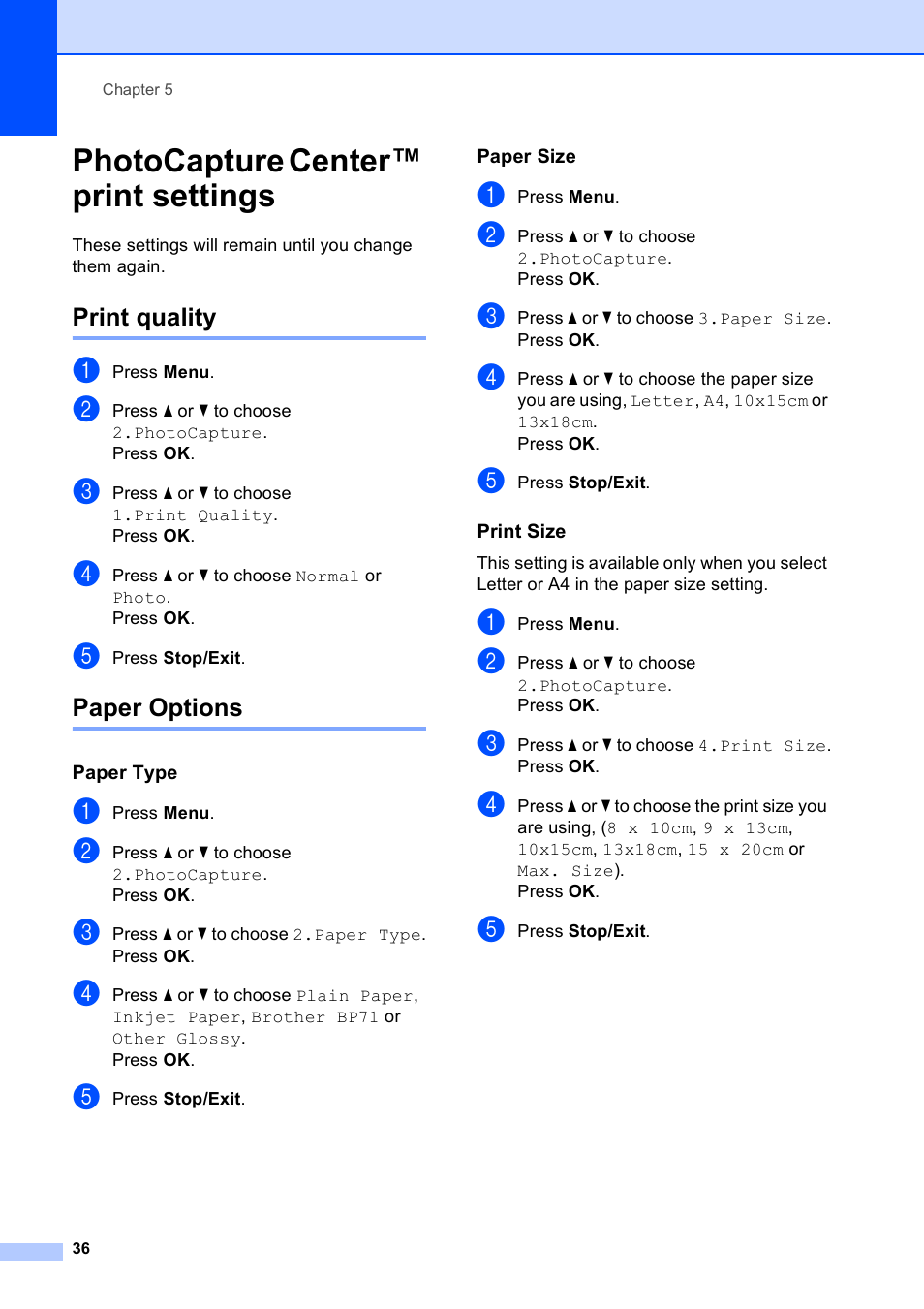 Photocapture center™ print settings, Print quality, Paper options | Paper type, Paper size, Print size, Print quality paper options | Brother DCP-165C User Manual | Page 44 / 111