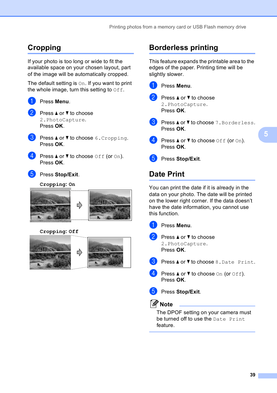 Cropping, Borderless printing, Date print | Cropping borderless printing date print, 5cropping | Brother DCP-165C User Manual | Page 47 / 111