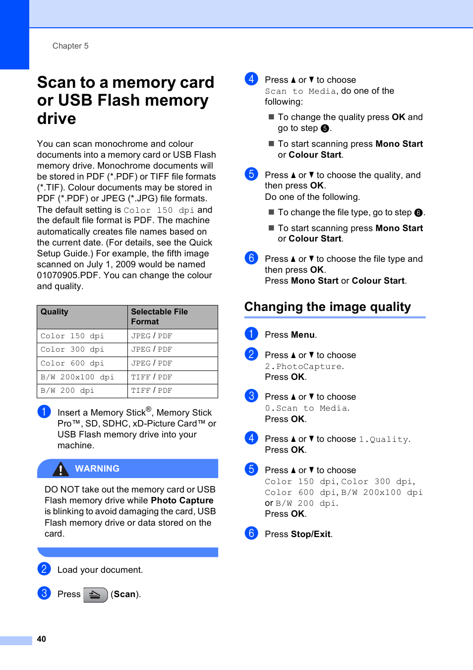 Scan to a memory card or usb flash memory drive, Changing the image quality | Brother DCP-165C User Manual | Page 48 / 111