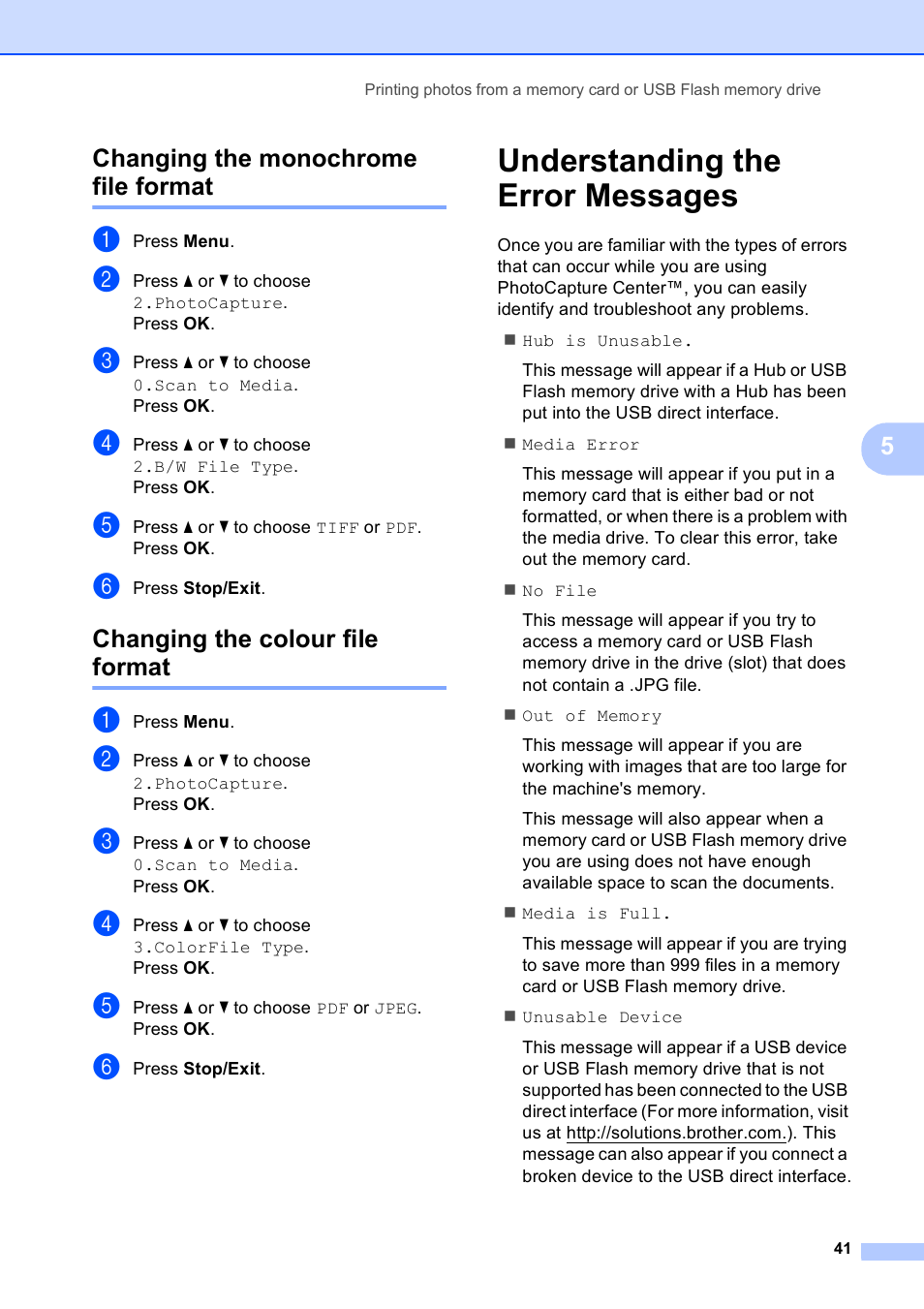 Changing the monochrome file format, Changing the colour file format, Understanding the error messages | 5changing the monochrome file format | Brother DCP-165C User Manual | Page 49 / 111