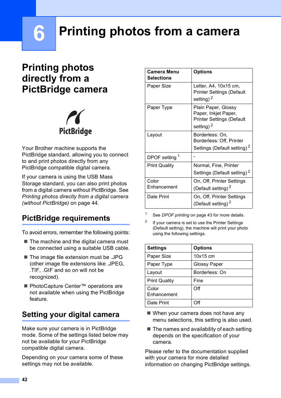 6 printing photos from a camera, Printing photos directly from a pictbridge camera, Pictbridge requirements | Setting your digital camera, Printing photos from a camera | Brother DCP-165C User Manual | Page 50 / 111
