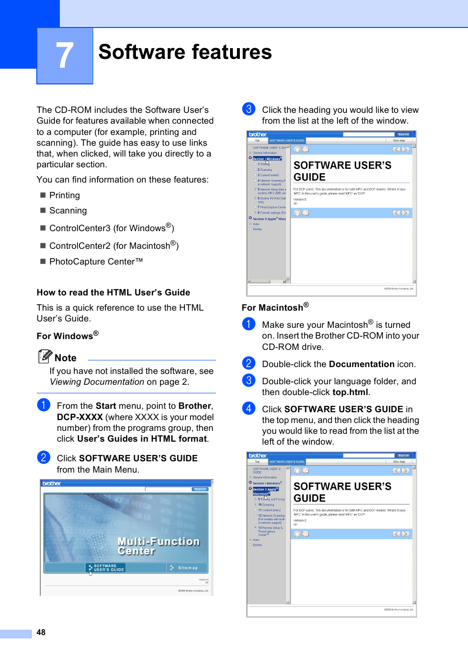 7 software features, Software features | Brother DCP-165C User Manual | Page 56 / 111