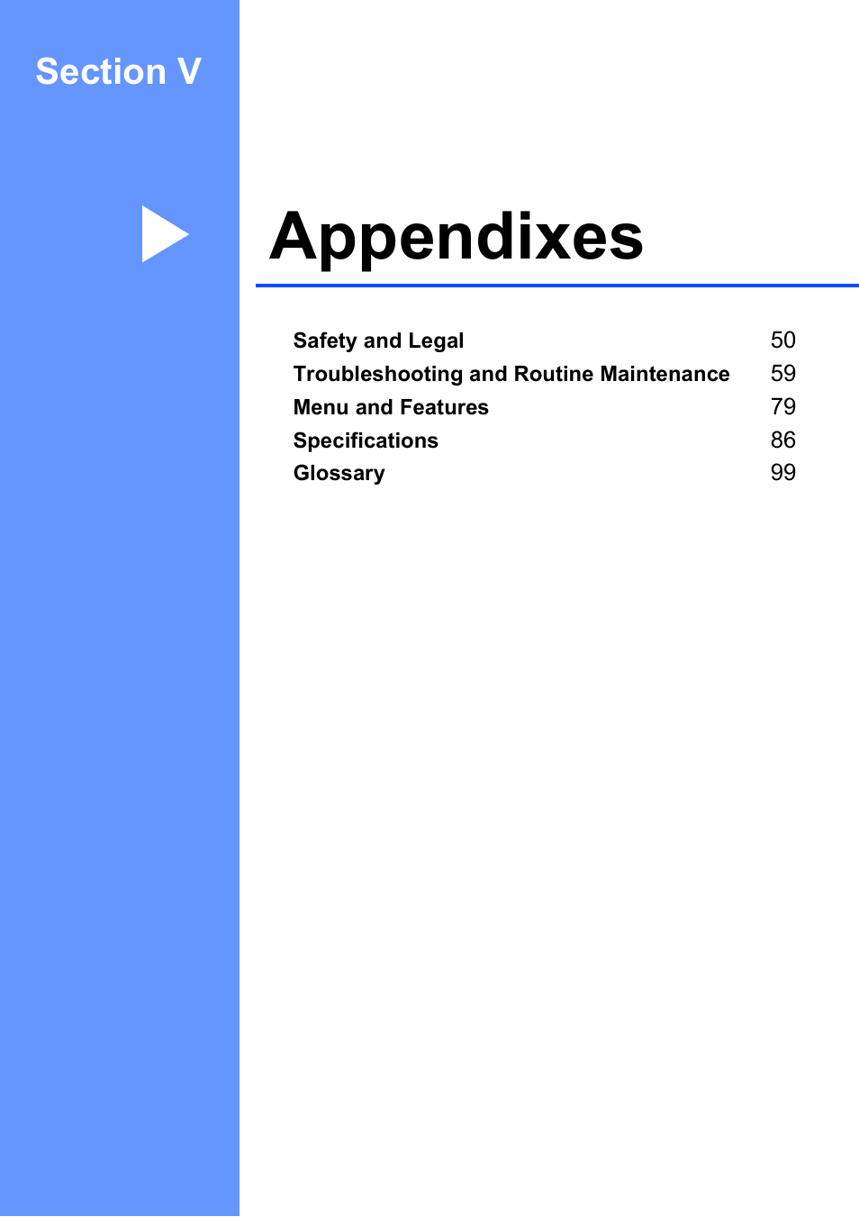 Section v: appendixes, Section v appendixes, Appendixes | Brother DCP-165C User Manual | Page 57 / 111