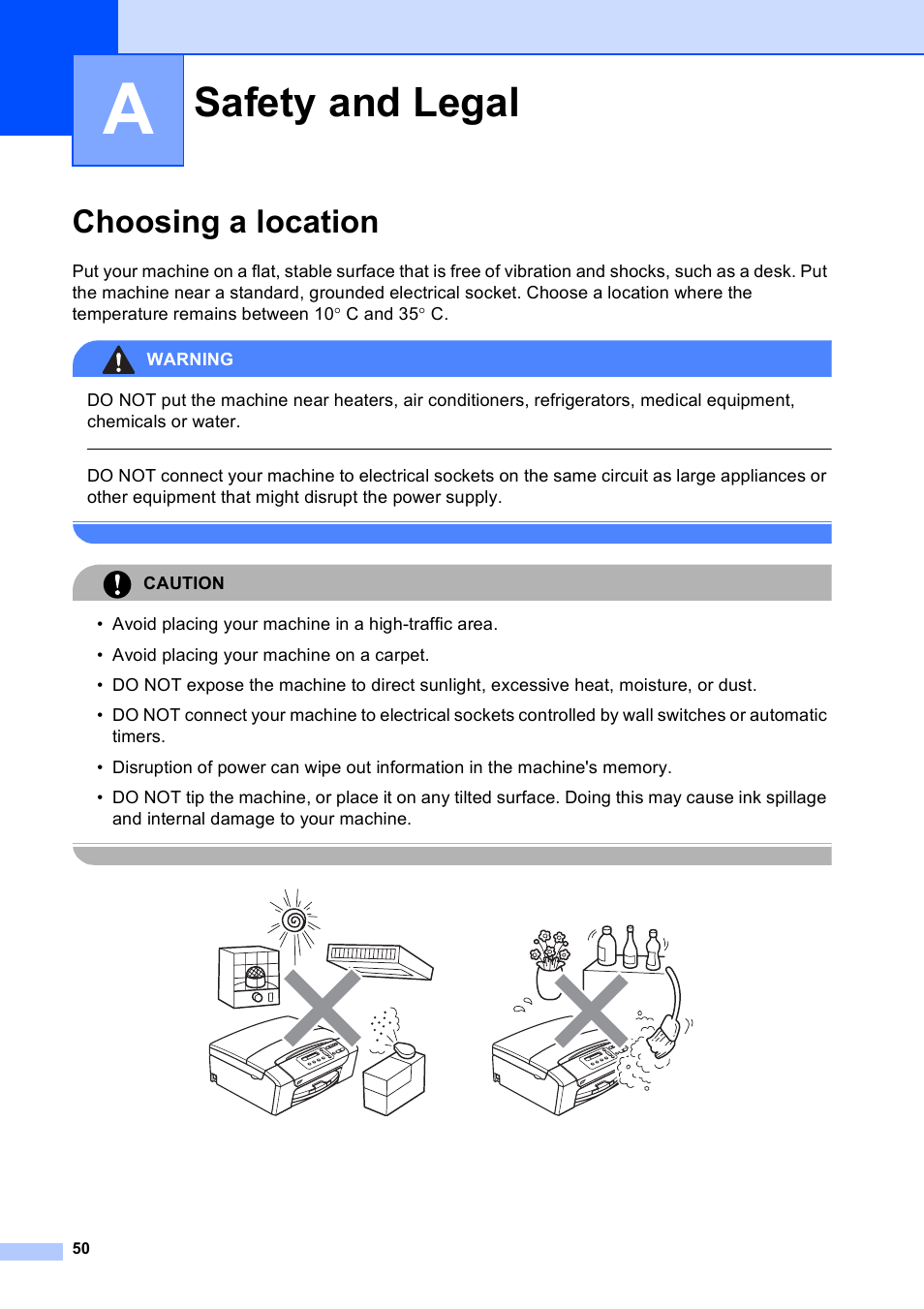 A safety and legal, Choosing a location, Safety and legal | Brother DCP-165C User Manual | Page 58 / 111