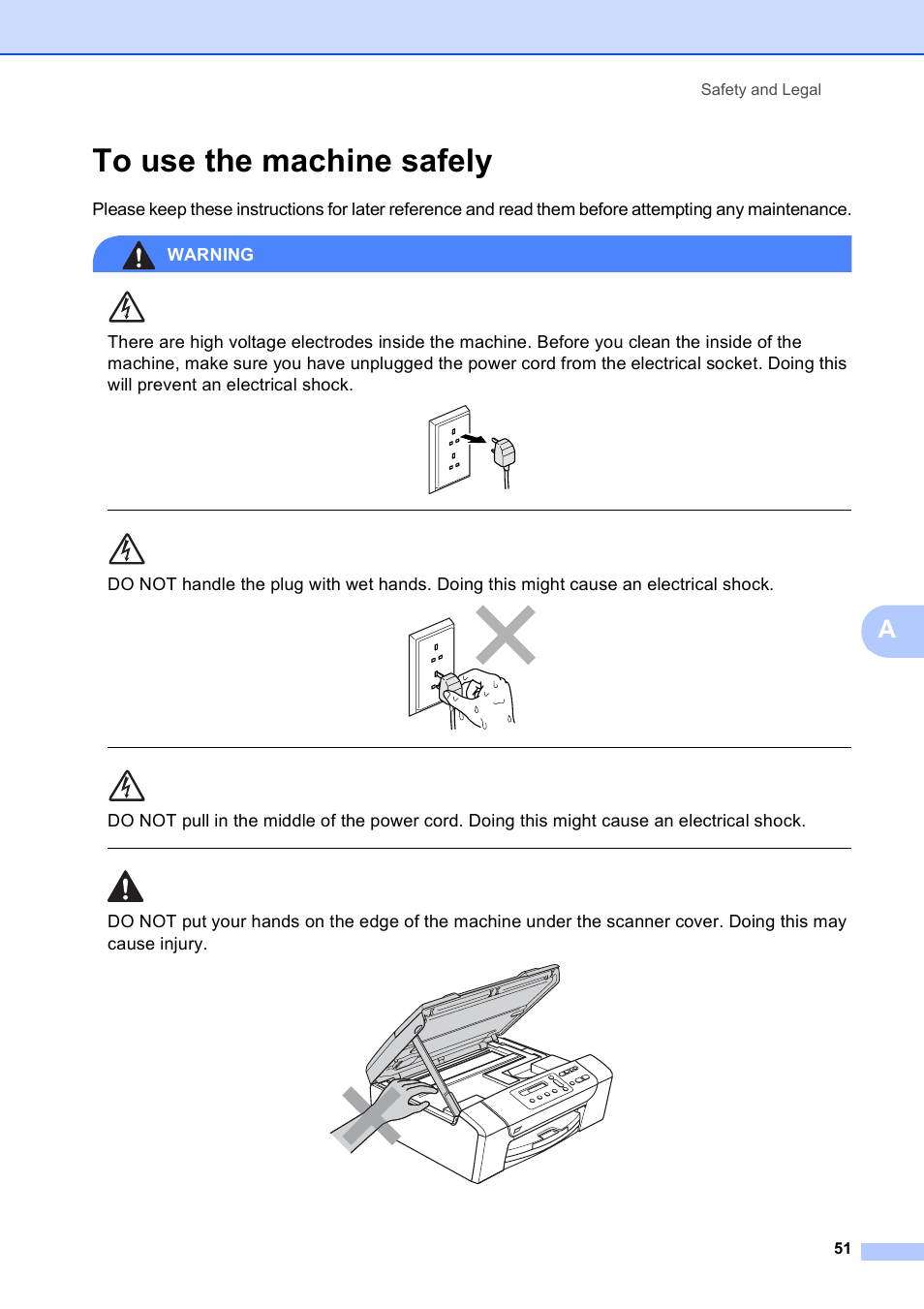 To use the machine safely, Safety and legal 51 | Brother DCP-165C User Manual | Page 59 / 111