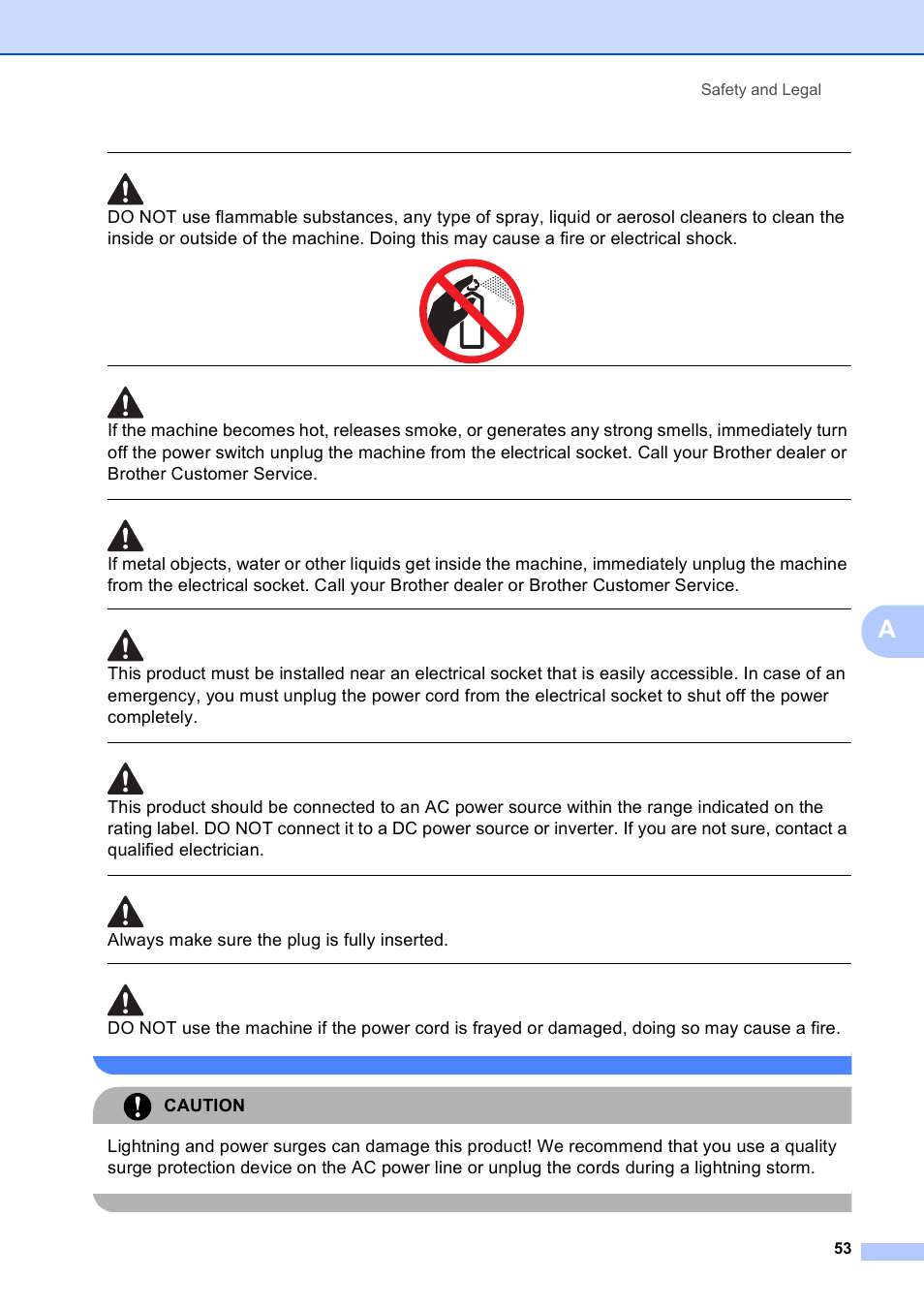 Always make sure the plug is fully inserted, Caution, Safety and legal 53 | Brother DCP-165C User Manual | Page 61 / 111
